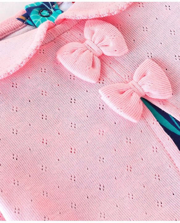 Babyhug 100% Interlock Cotton Knit Full Sleeves Romper With Booties & Headband With Bow Detailing - Multicolour