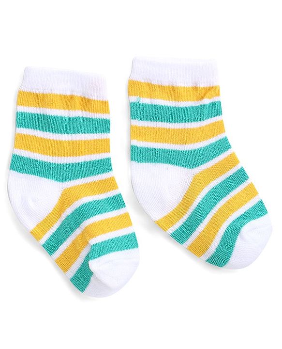 Cute Walk by Babyhug Ankle Length Antibacterial Knitted Striped & Lion Design Socks Pack Of 3 - Green & Yellow