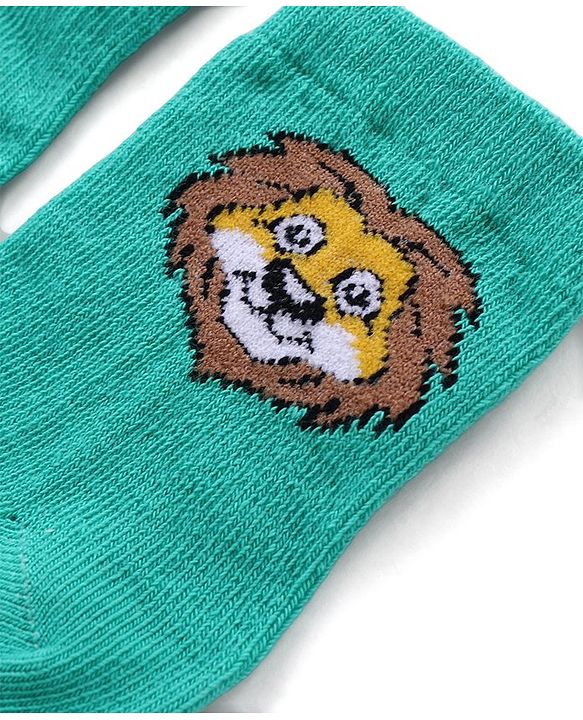 Cute Walk by Babyhug Ankle Length Antibacterial Knitted Striped & Lion Design Socks Pack Of 3 - Green & Yellow