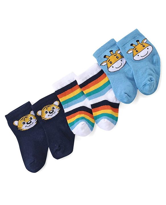 Cute Walk by Babyhug Ankle Length Antibacterial Knitted Striped & Lion Design Socks Pack Of 3 - Blue & White