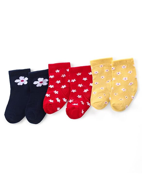 Cute Walk by Babyhug Ankle Length Antibacterial Knitted Floral Design Socks Pack Of 3 - Blue Red & Yellow