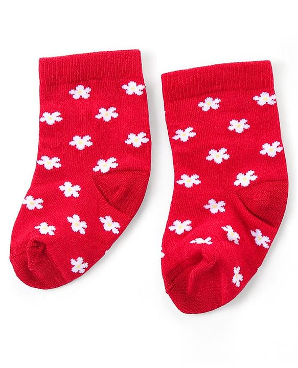 Cute Walk by Babyhug Ankle Length Antibacterial Knitted Floral Design Socks Pack Of 3 - Blue Red & Yellow