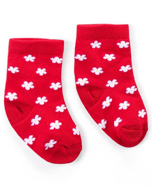 Cute Walk by Babyhug Ankle Length Antibacterial Knitted Floral Design Socks Pack Of 3 - Blue Red & Yellow