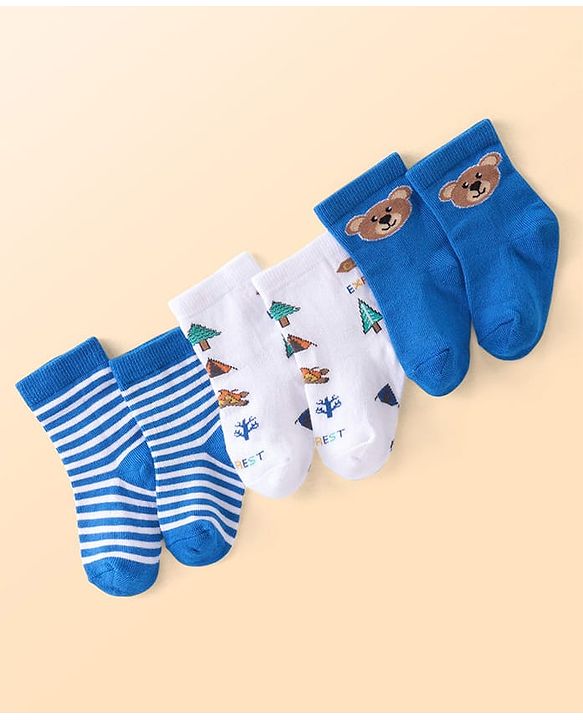 Cutewalk by Babyhug Cotton Lycra Anti-Bacterial Ankle Length Socks with Stripes & Teddy Bear Design Pack of 3 - Blue & White