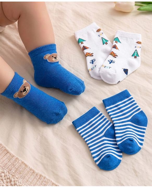 Cutewalk by Babyhug Cotton Lycra Anti-Bacterial Ankle Length Socks with Stripes & Teddy Bear Design Pack of 3 - Blue & White