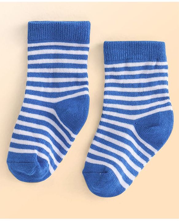 Cutewalk by Babyhug Cotton Lycra Anti-Bacterial Ankle Length Socks with Stripes & Teddy Bear Design Pack of 3 - Blue & White