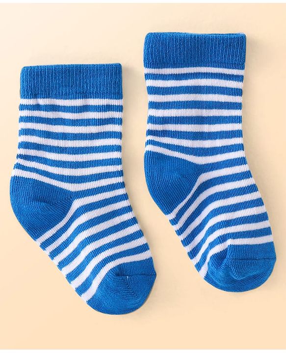 Cutewalk by Babyhug Cotton Lycra Anti-Bacterial Ankle Length Socks with Stripes & Teddy Bear Design Pack of 3 - Blue & White