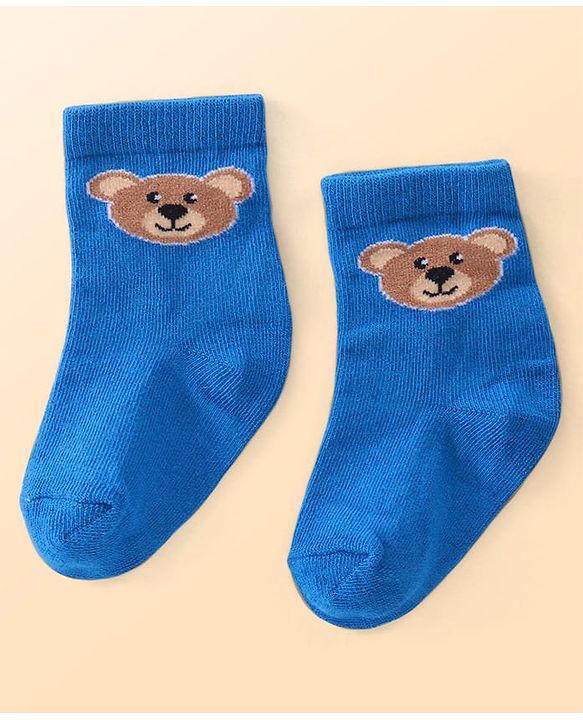 Cutewalk by Babyhug Cotton Lycra Anti-Bacterial Ankle Length Socks with Stripes & Teddy Bear Design Pack of 3 - Blue & White