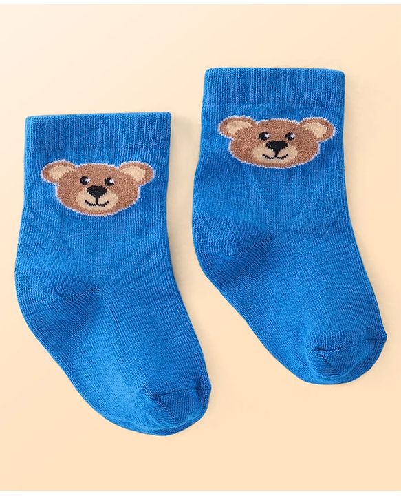 Cutewalk by Babyhug Cotton Lycra Anti-Bacterial Ankle Length Socks with Stripes & Teddy Bear Design Pack of 3 - Blue & White