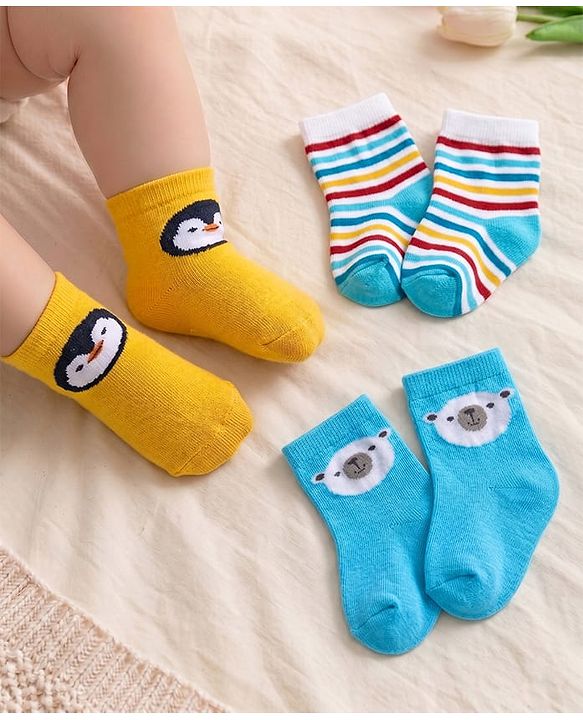 Cute Walk by Babyhug Ankle Length Antibacterial Knitted Striped & Penguin Design Socks Pack Of 3 - Blue & Yellow