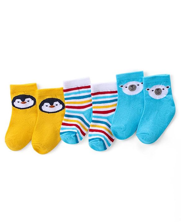 Cute Walk by Babyhug Ankle Length Antibacterial Knitted Striped & Penguin Design Socks Pack Of 3 - Blue & Yellow