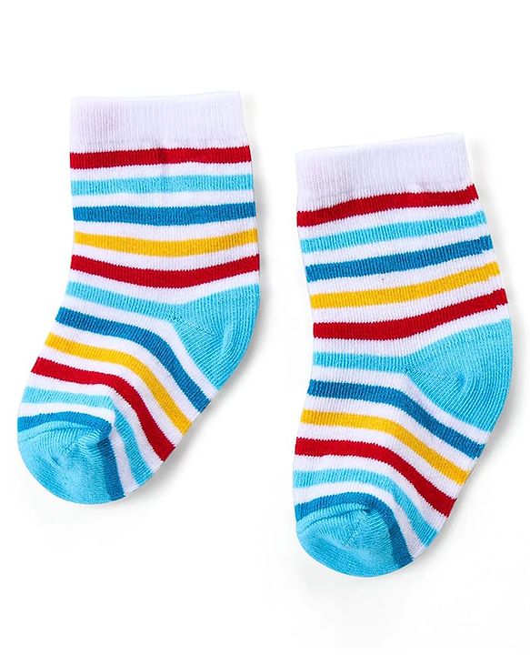 Cute Walk by Babyhug Ankle Length Antibacterial Knitted Striped & Penguin Design Socks Pack Of 3 - Blue & Yellow