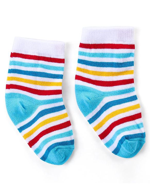 Cute Walk by Babyhug Ankle Length Antibacterial Knitted Striped & Penguin Design Socks Pack Of 3 - Blue & Yellow