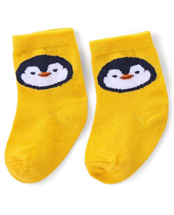 Cute Walk by Babyhug Ankle Length Antibacterial Knitted Striped & Penguin Design Socks Pack Of 3 - Blue & Yellow