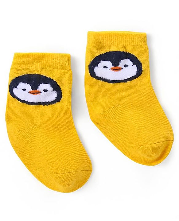 Cute Walk by Babyhug Ankle Length Antibacterial Knitted Striped & Penguin Design Socks Pack Of 3 - Blue & Yellow