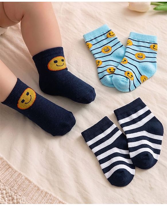 Cute Walk by Babyhug Ankle Length Antibacterial Knitted Striped & Smiley Design Socks Pack Of 3 - Blue