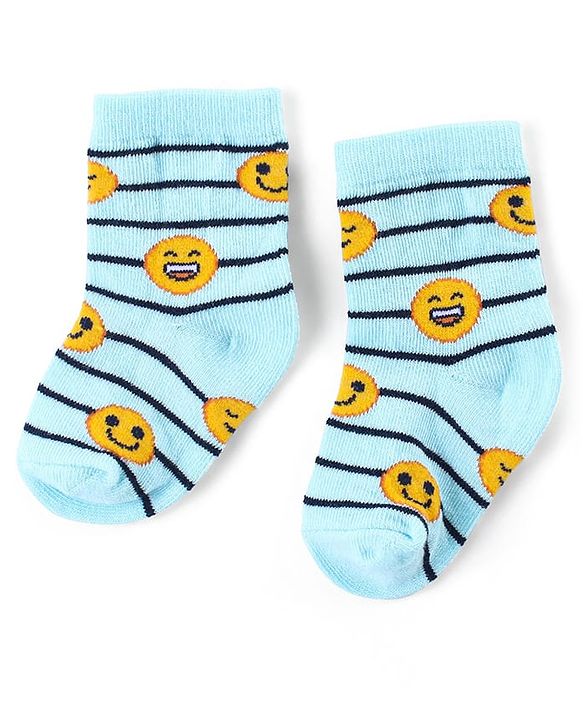 Cute Walk by Babyhug Ankle Length Antibacterial Knitted Striped & Smiley Design Socks Pack Of 3 - Blue