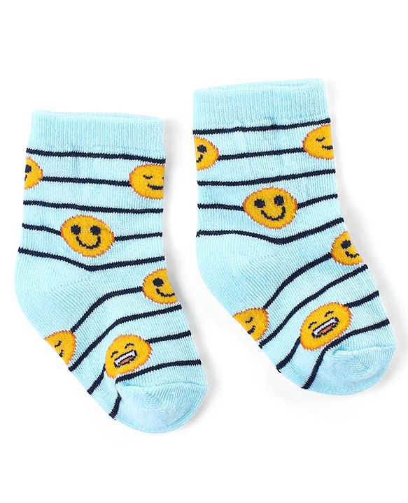 Cute Walk by Babyhug Ankle Length Antibacterial Knitted Striped & Smiley Design Socks Pack Of 3 - Blue