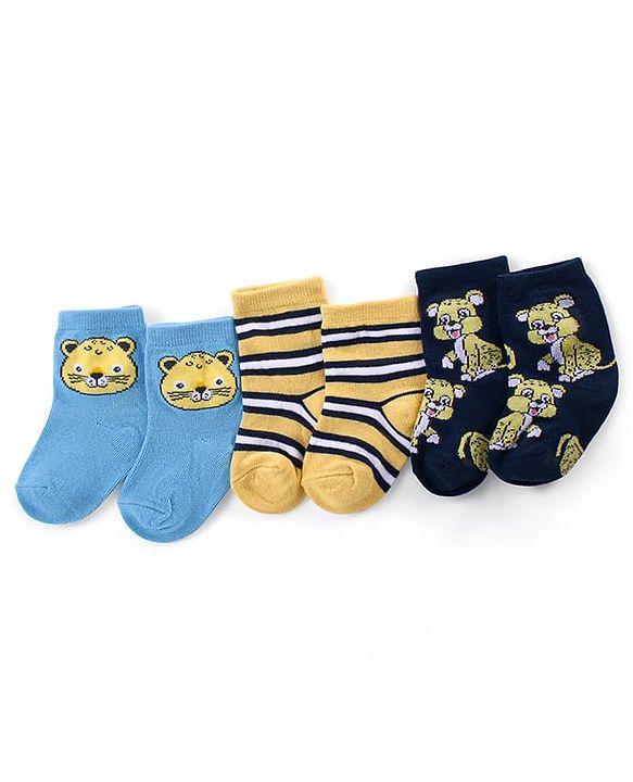 Cute Walk by Babyhug Ankle Length Antibacterial Knitted Striped & Cat Design Socks Pack Of 3 - Blue & Yellow