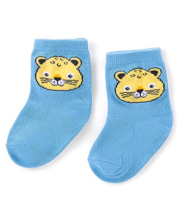 Cute Walk by Babyhug Ankle Length Antibacterial Knitted Striped & Cat Design Socks Pack Of 3 - Blue & Yellow