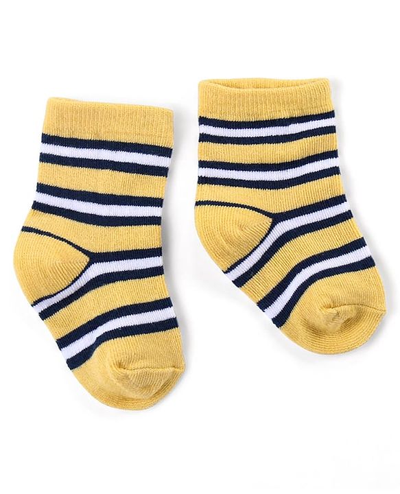 Cute Walk by Babyhug Ankle Length Antibacterial Knitted Striped & Cat Design Socks Pack Of 3 - Blue & Yellow