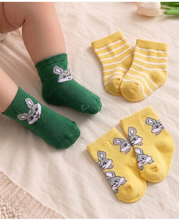 Cute Walk by Babyhug Knitted Anti-Bacterial Ankle Length Striped Socks Pack of 3 - Yellow & Green