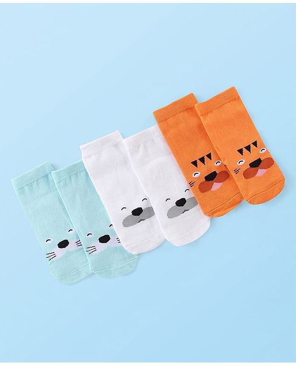 Cute Walk by Babyhug Knitted Anti-bacterial Ankle Length Animal Designed Socks Pack of 3 - White Blue & Orange