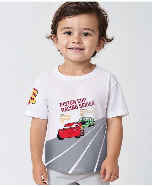 Babyhug Disney Cotton Knit Half Sleeves T-Shirt With Cars Graphics - Grey