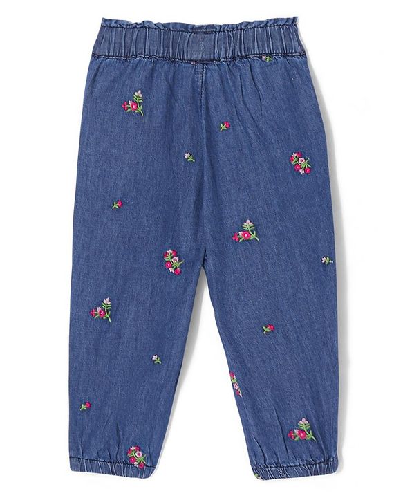 Babyhug 100% Cotton Full Length Denim Joggers with Floral Embroidery & Bow Applique - Blue