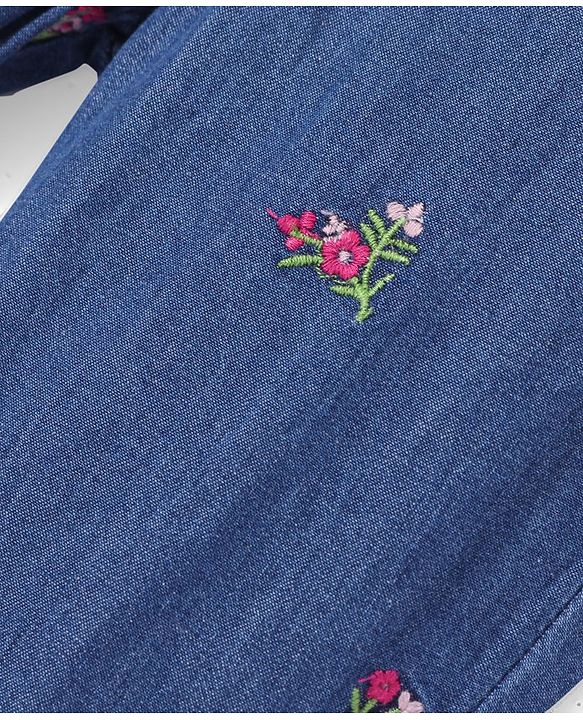 Babyhug 100% Cotton Full Length Denim Joggers with Floral Embroidery & Bow Applique - Blue