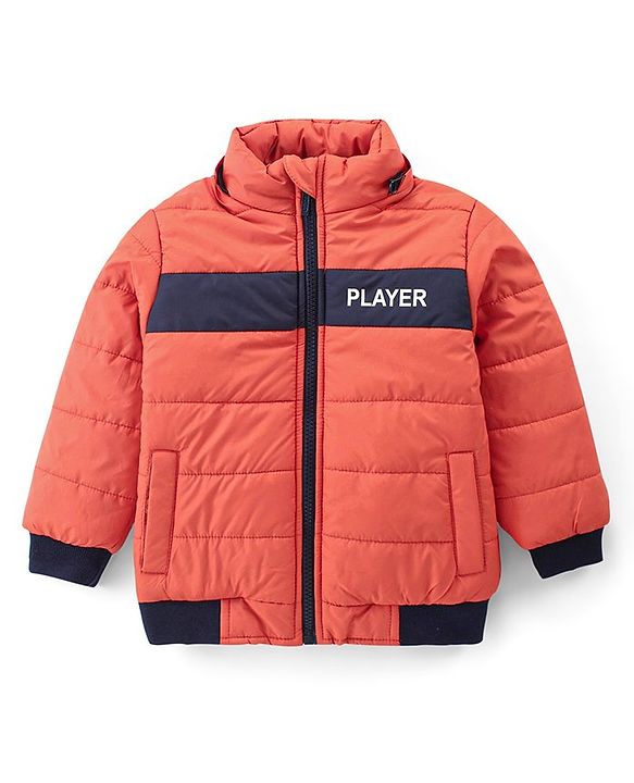 Babyhug Woven Full Sleeves Front Open Color Block Padded Hooded Jacket- Orange