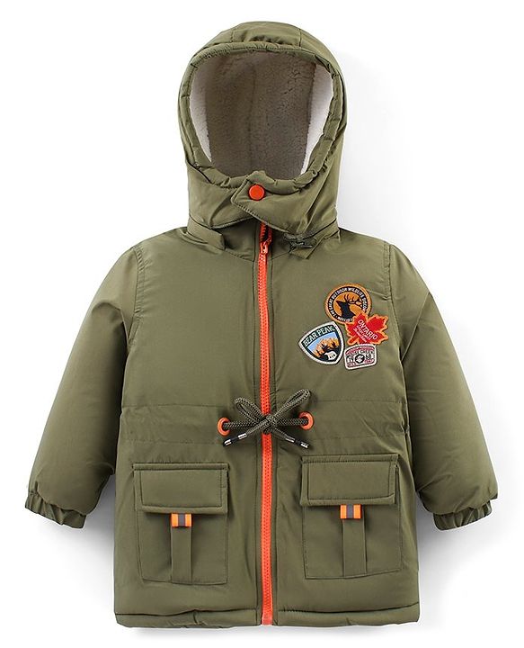 Babyhug Woven Full Sleeves Solid Jacket with Detachable Hood & Patch Detailing - Olive Green