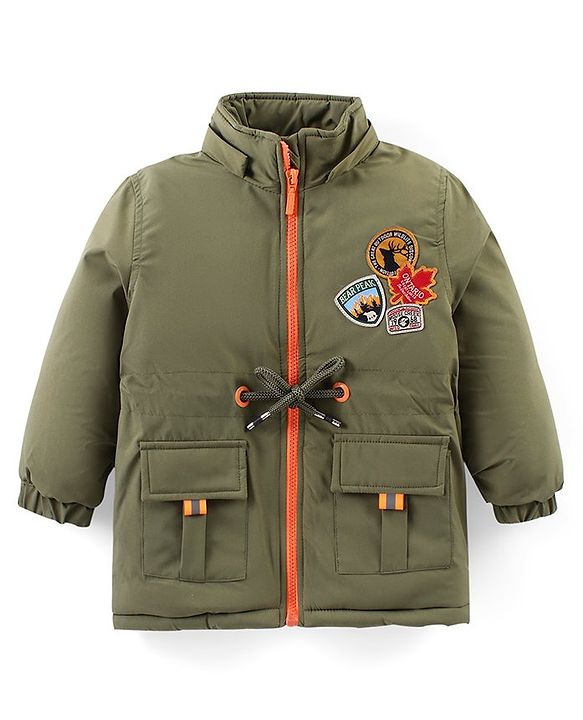 Babyhug Woven Full Sleeves Solid Jacket with Detachable Hood & Patch Detailing - Olive Green