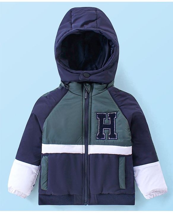 Babyhug Woven Full Raglan Sleeves Front Open Padded Hoooded Jacket With Detachable Hood Colour Block Design & Patch Detailing - Navy Blue
