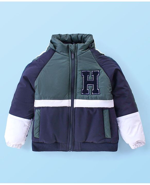 Babyhug Woven Full Raglan Sleeves Front Open Padded Hoooded Jacket With Detachable Hood Colour Block Design & Patch Detailing - Navy Blue