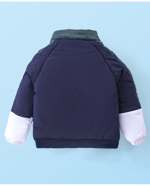 Babyhug Woven Full Raglan Sleeves Front Open Padded Hoooded Jacket With Detachable Hood Colour Block Design & Patch Detailing - Navy Blue