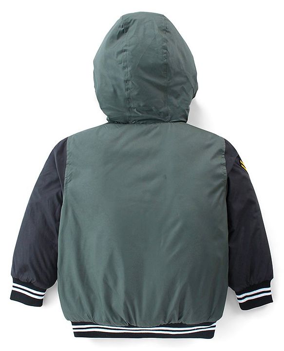 Babyhug Woven Full Sleeves Padded Hooded Jacket With Text Print & Embroidery - Green & Black