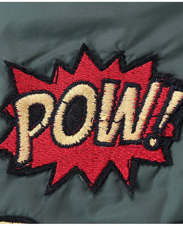 Babyhug Woven Full Sleeves Padded Hooded Jacket With Text Print & Embroidery - Green & Black