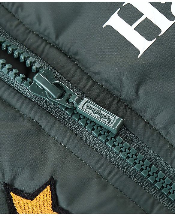 Babyhug Woven Full Sleeves Padded Hooded Jacket With Text Print & Embroidery - Green & Black