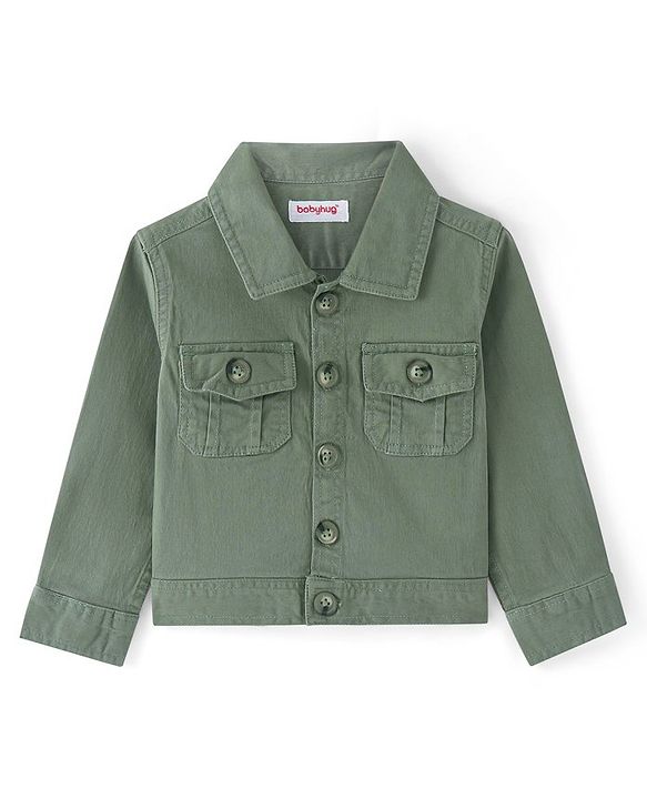 Babyhug Twill Woven Full Sleeves Collar Neck Washed Denim Jacket - Olive Green
