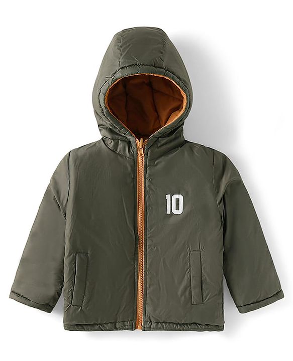 Babyhug Woven Full Sleeves Front Open Padded Hooded Reversible Jacket With Solid Colour - Brown