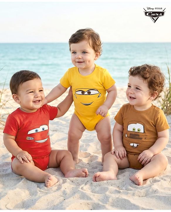 Babyhug Disney Interlock Knit Half Sleeve Onesies with Car Graphics Pack of 3- Red Yellow & Brown