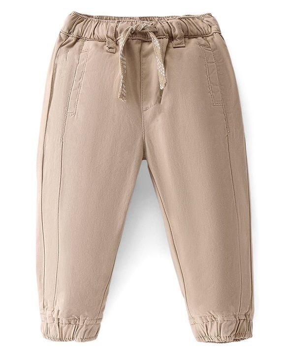 Babyhug Cotton Spandex Full Length Solid Colour Trousers - Fawn