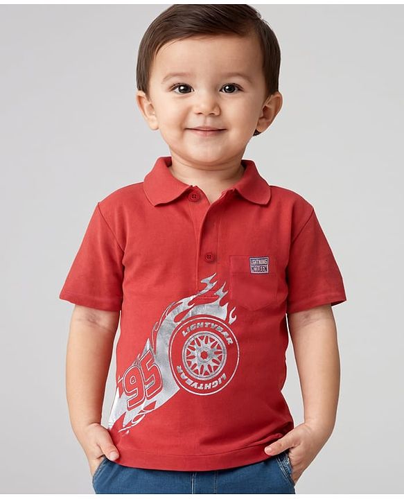 Babyhug Disney Cotton Knit Polo Neck T-Shirt With Cars Foil Print-Red