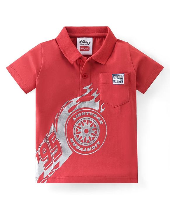 Babyhug Disney Cotton Knit Polo Neck T-Shirt With Cars Foil Print-Red