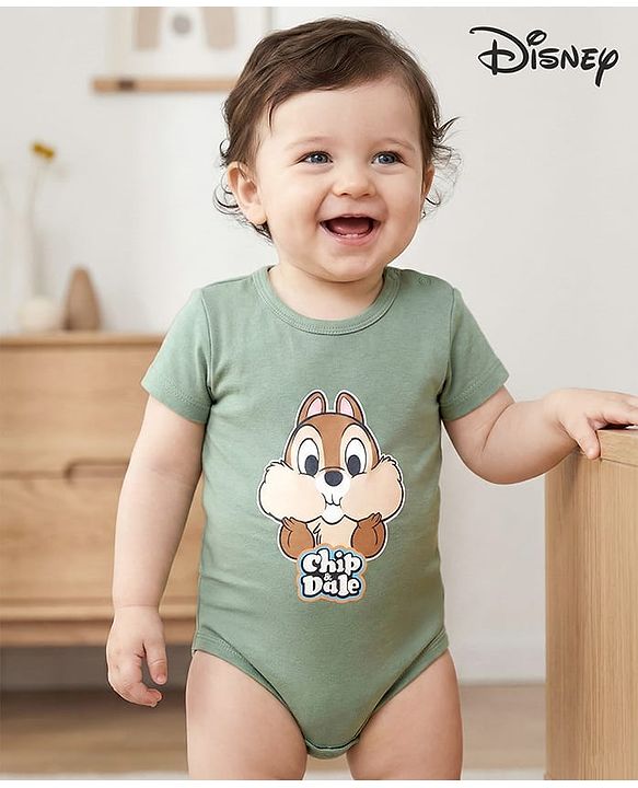 Babyhug Disney Interlock Knit Half Sleeves Onesies With Chip N Dale Graphics - Mint Green