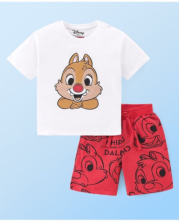 Babyhug Disney Cotton Knit Half Sleeves T-Shirt & Shorts Set With Chip n Dale Graphics - Red & White