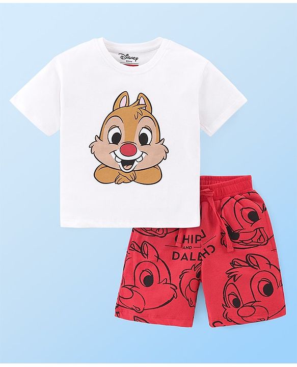 Babyhug Disney Cotton Knit Half Sleeves T-Shirt & Shorts Set With Chip n Dale Graphics - Red & White