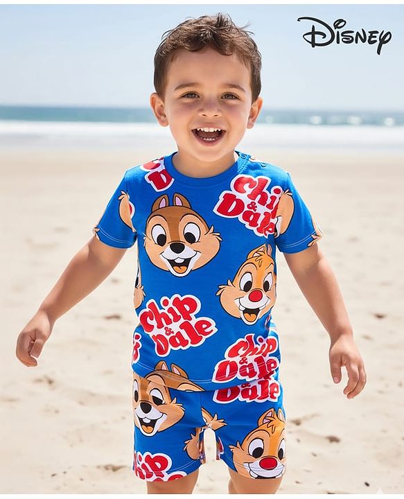 Babyhug Disney Single Jersey Knit Half Sleeves T-Shirt & Shorts Set With Chip N Dale Print - Navy Blue