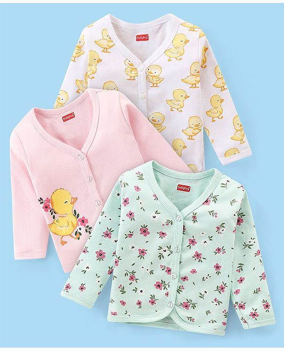 Babyhug 100% Cotton Full Sleeves Front Open Vests Duck & Floral Print Pack of 3 - Multicolour